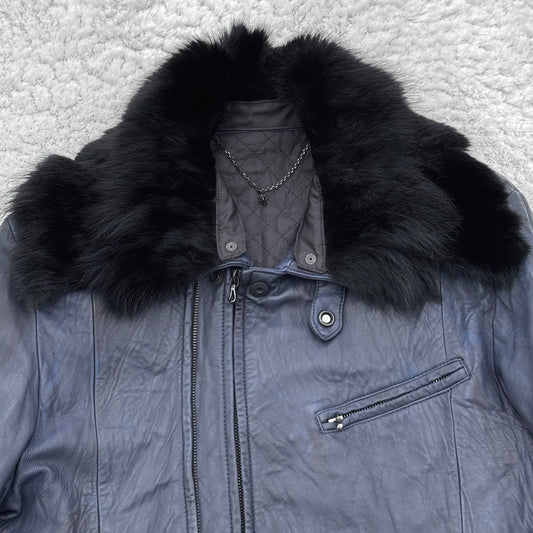 Schorl Chunky Coyote Fur Navy Leather Jacket