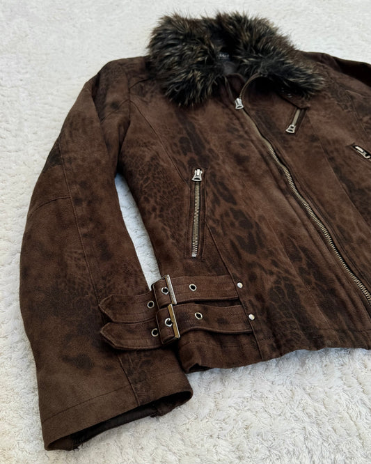 Tornado Mart Cheetah Pattern Fur Collar Jacket