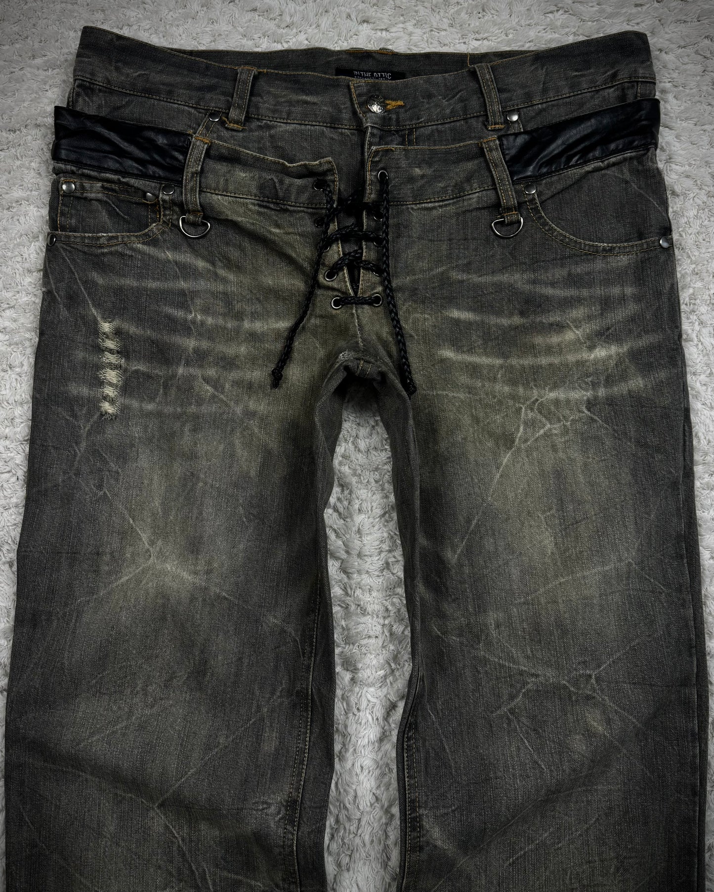 In The Attic Double Waisted Leather Detailed Lace Up Bootcut Jeans