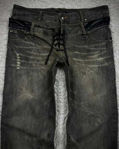 In The Attic Double Waisted Leather Detailed Lace Up Bootcut Jeans