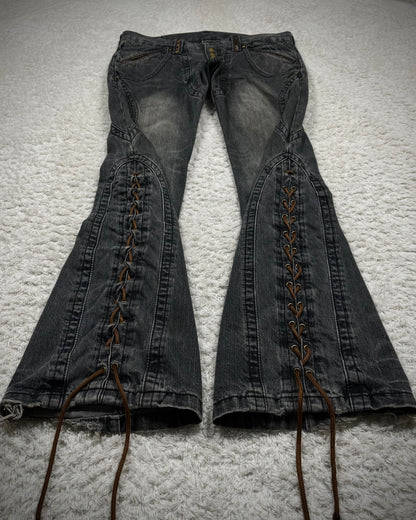 Tornado Mart Python Detailed Mud Washed Lace Up Flared Jeans