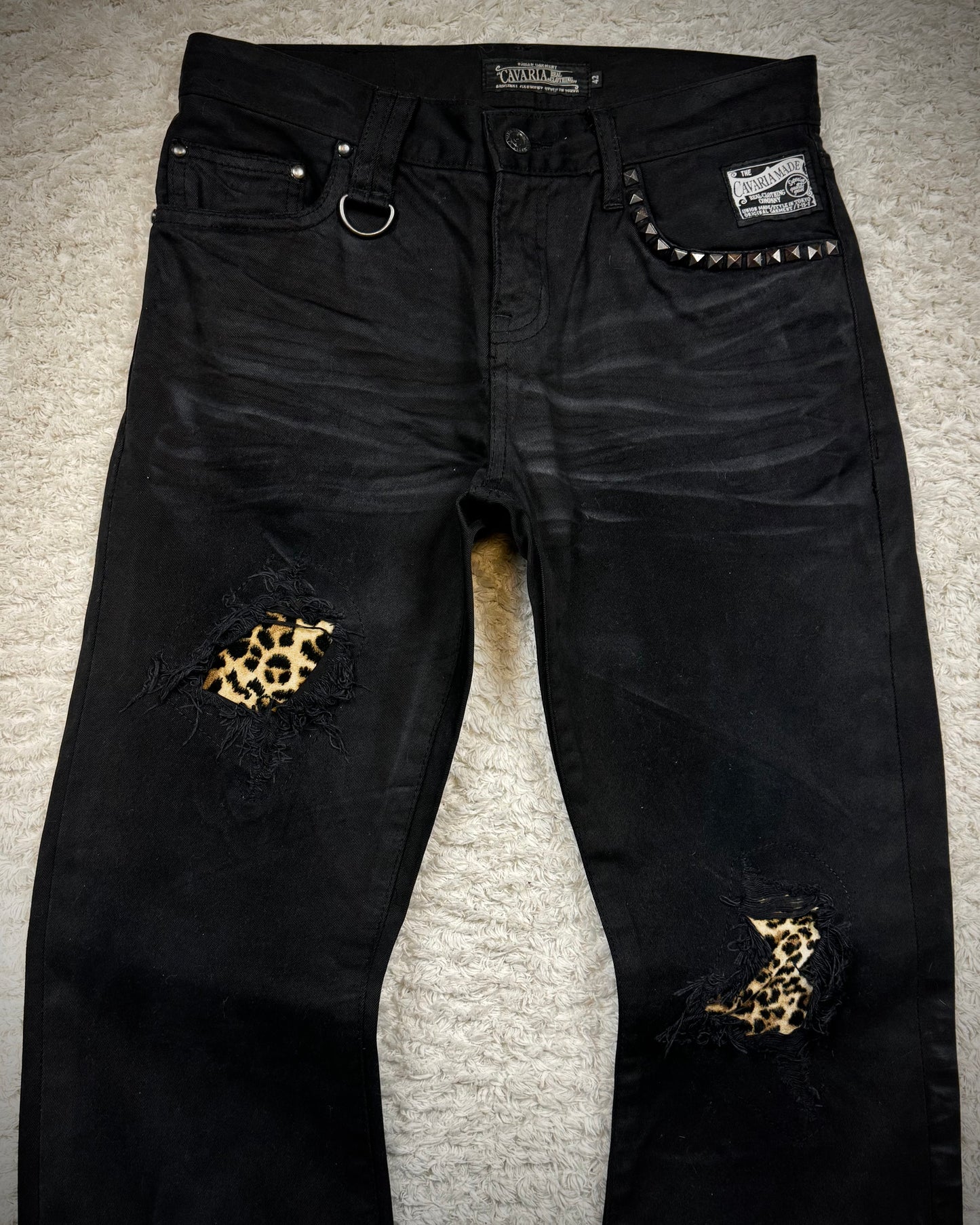 CavariA Leopard Repaired Whisker Washed Bootcut Denim