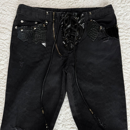 Unbranded Croc Detailed Flared Lace Up Jeans