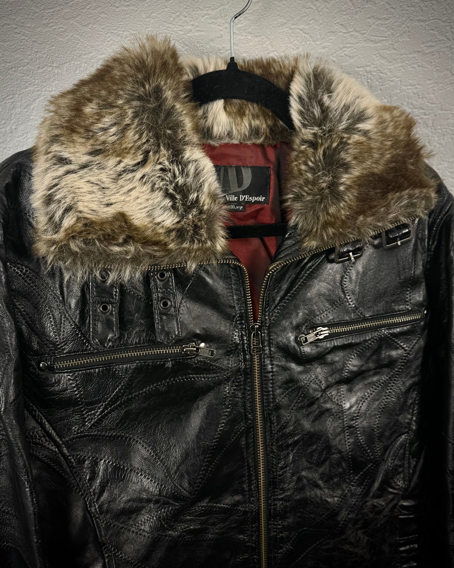 Ville D’Espoir Fur Collar Leather Patchwork Jacket