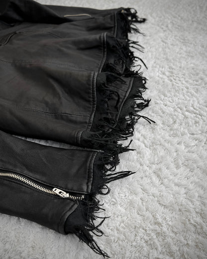 Bossy Raggae Raw Asymmetrical Cut Frayed Leather Jacket