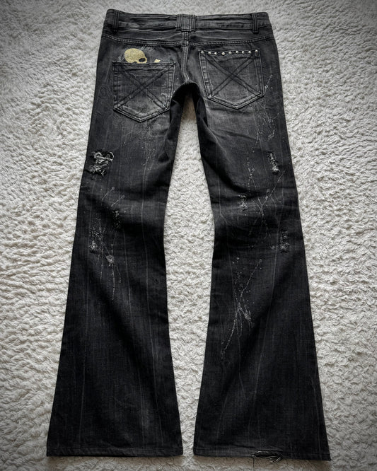 Glad News Silver Splatter Studded Skull Flared Jeans