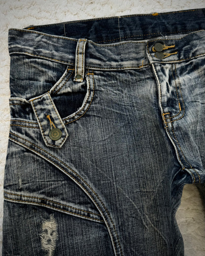 Tornado Mart Multi-Panel Crinkle Washed Flared Jeans