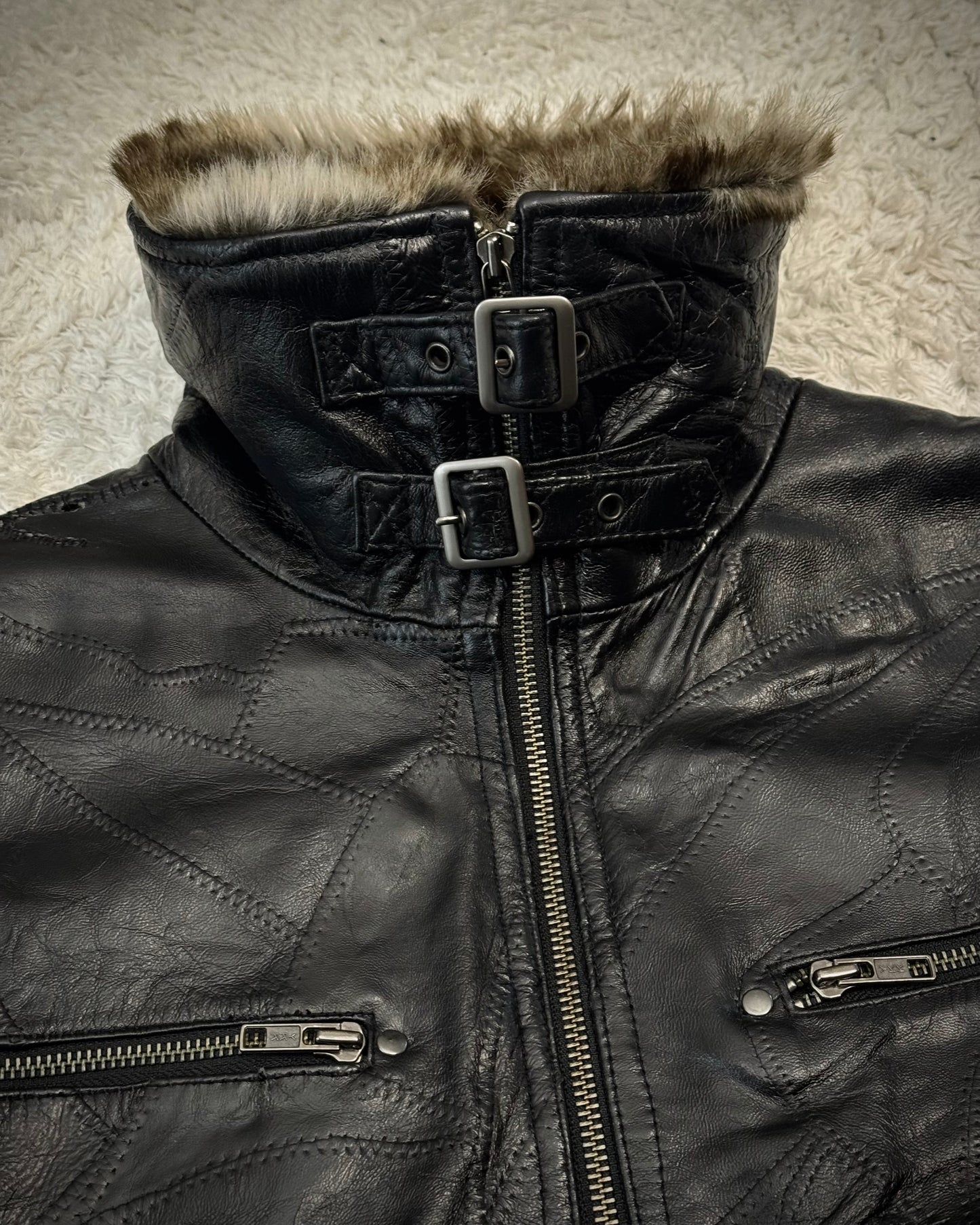 Ville D’Espoir Fur Collar Leather Patchwork Jacket