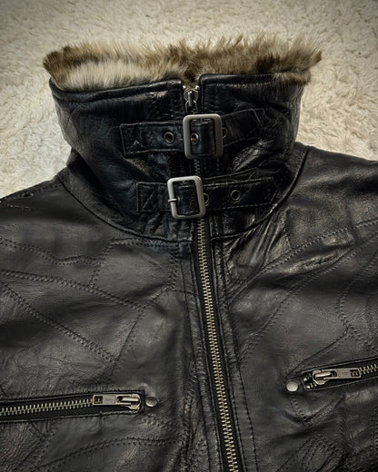 Ville D’Espoir Fur Collar Leather Patchwork Jacket