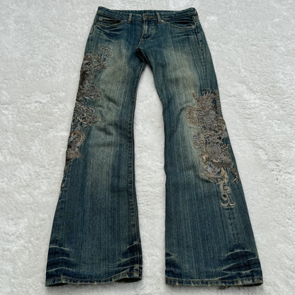 Mud Washed Embroidery Flared Jeans