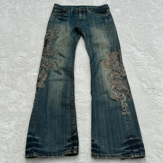 Mud Washed Embroidery Flared Jeans