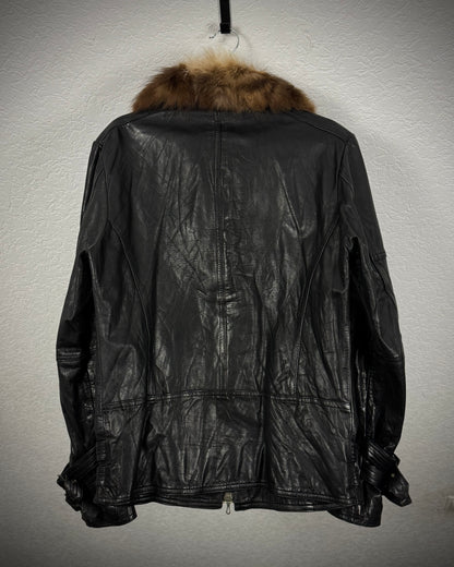 Shellac Fur Collar Cowhide Textured Leather Jacket