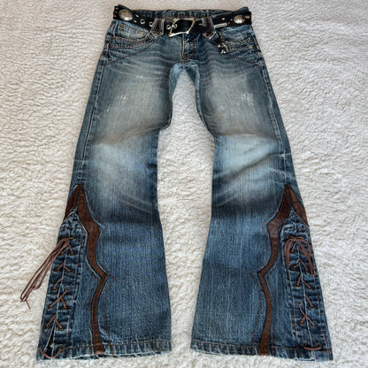 Tornado Mart Western Leather Accented Flared Lace-Up Jeans