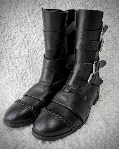 Scar Stitched Belted Wrinkled Leather Boots
