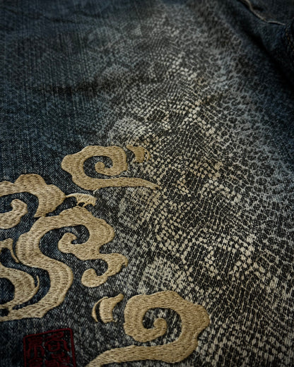 Karakuri Tamashii Python Pattern Floral Denim Shorts