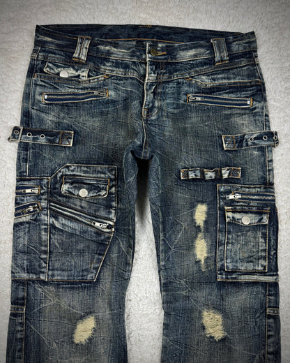 Semantic Design Multi-Pocket Zippered Flared Jeans