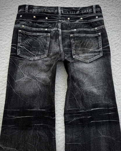 Double Waisted Lace Up Studded Distressed Flared Jeans
