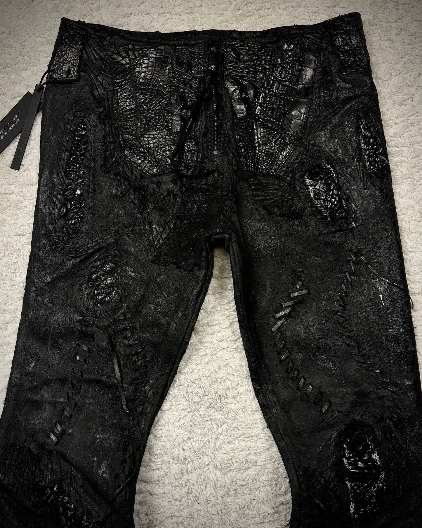 1vfudie “Noir” Scar Stitched Crocodile Leather Bell Bottom Flared Pants