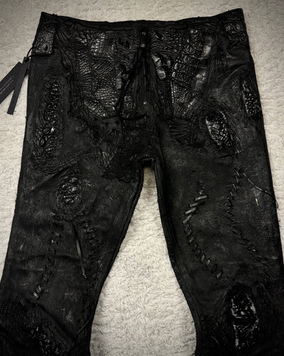 1vfudie “Noir” Scar Stitched Crocodile Leather Bell Bottom Flared Pants