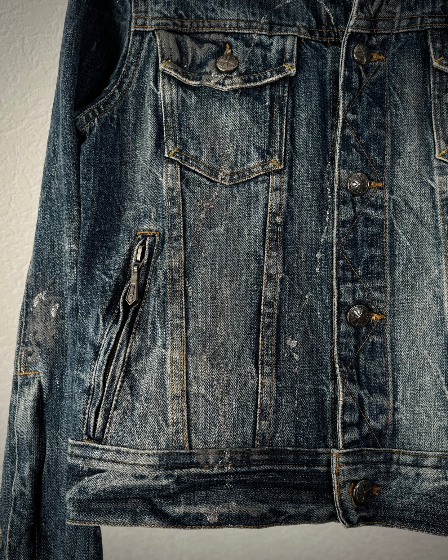 Midas Silver Splatter Distressed Cropped Denim Jacket