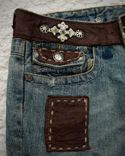 My Tribe Western Belted Steel Detailed Leather Repairs Flared Jeans
