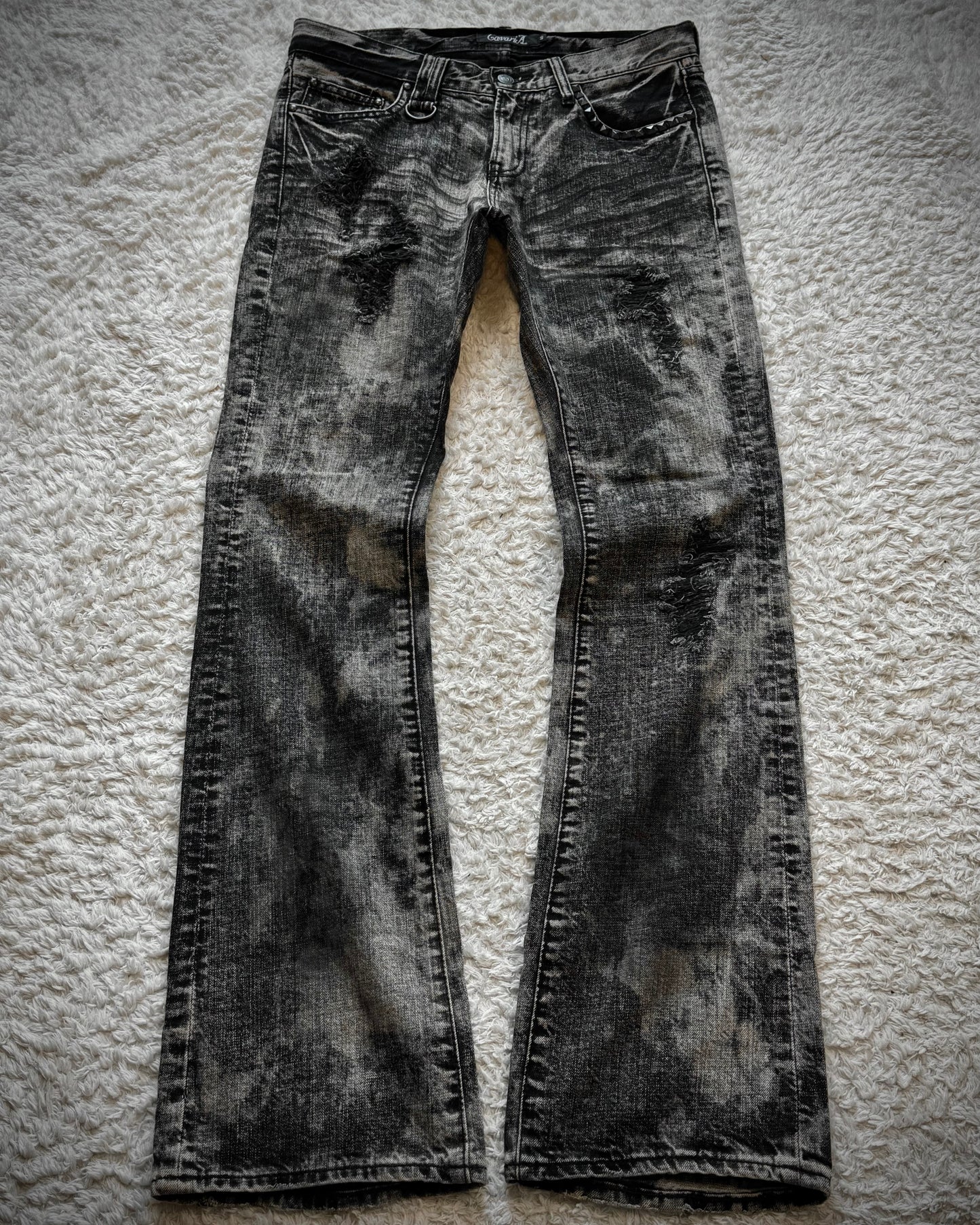 CavariA Ash Clawmarks Washed Studded Flared Jeans