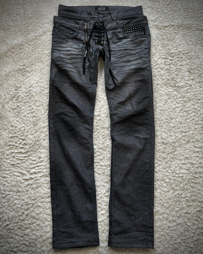 Kingz Life Double Waisted Studded Lace Up Denim