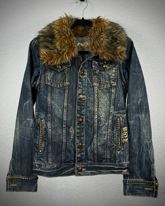 Lagust Studded Fur Collar Denim Jacket