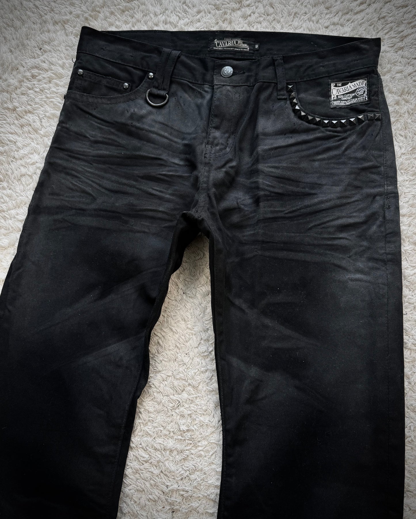 CavariA Studded Whisker Washed Flared Jeans