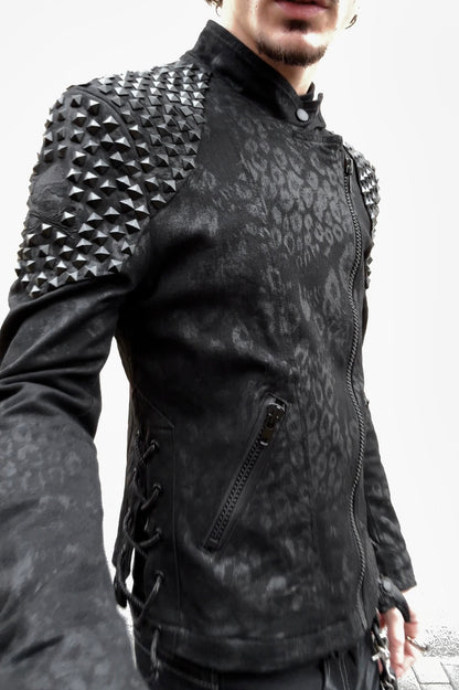 By The R Leopard Waxed Studded Lace Up Biker Jacket