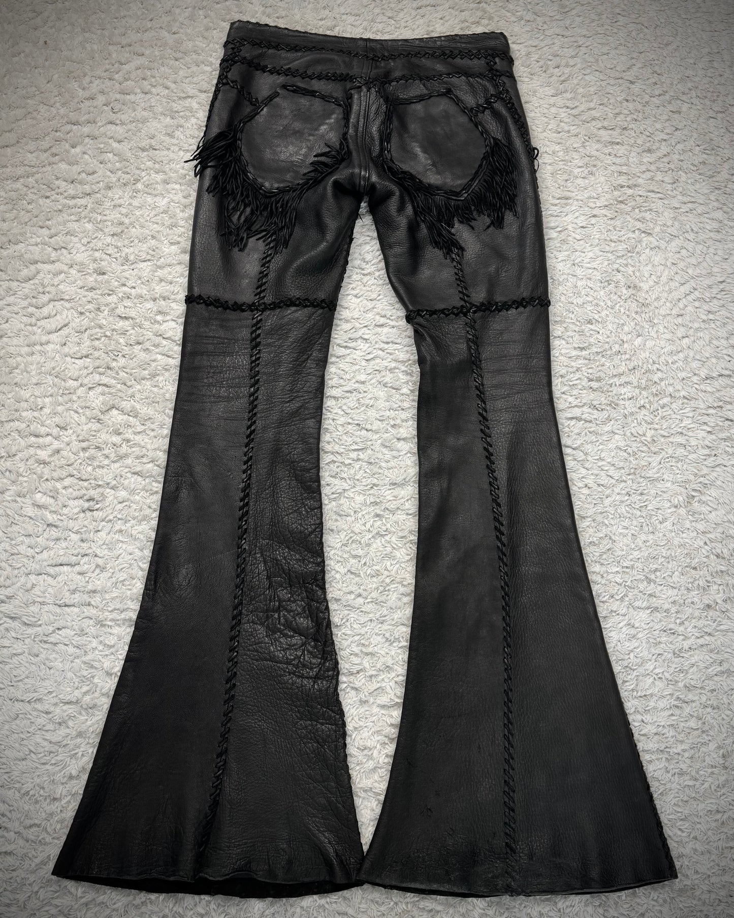 L.G.B. “Carlos” Fringed Scar Stitched Lace Up Flared Leather Pants