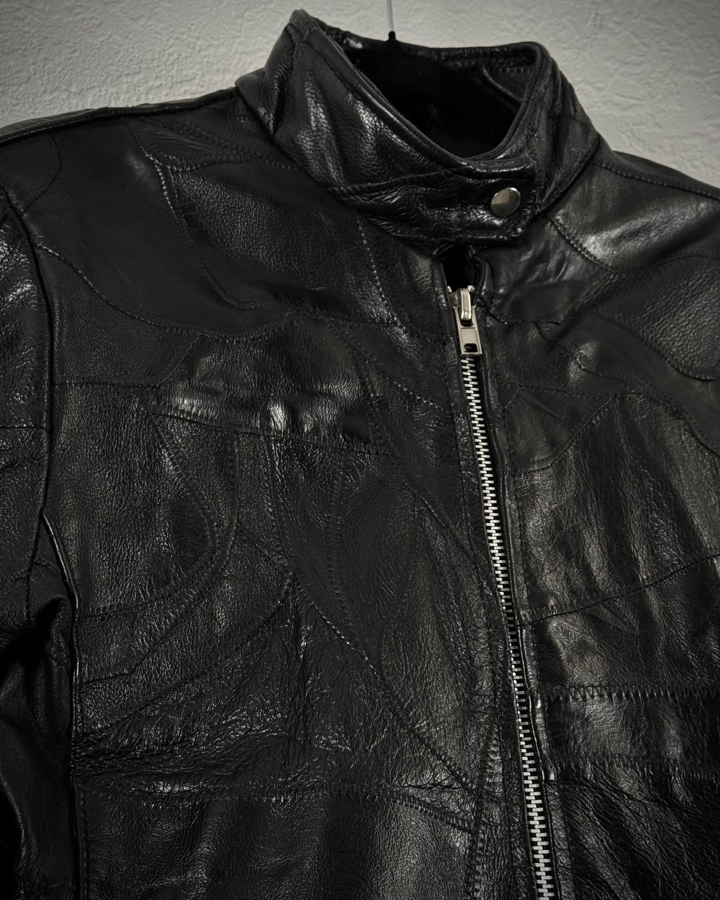 Diamond Plate Lace Up Buffalo Leather Patchwork Biker Jacket