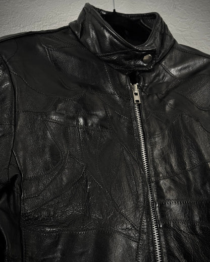 Diamond Plate Lace Up Buffalo Leather Patchwork Biker Jacket