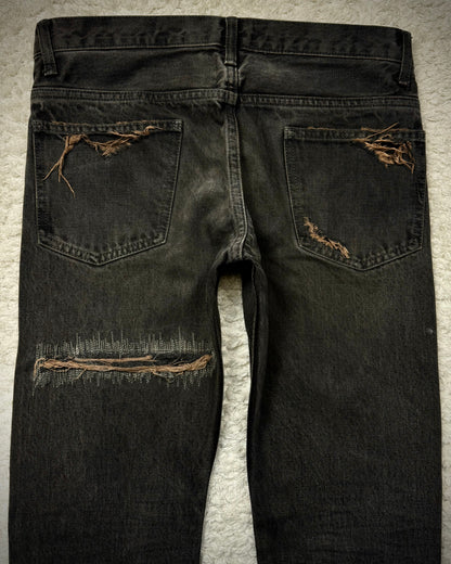 Slow Gun Mud Washed Stitch Repaired Distressed Slim Cut Denim