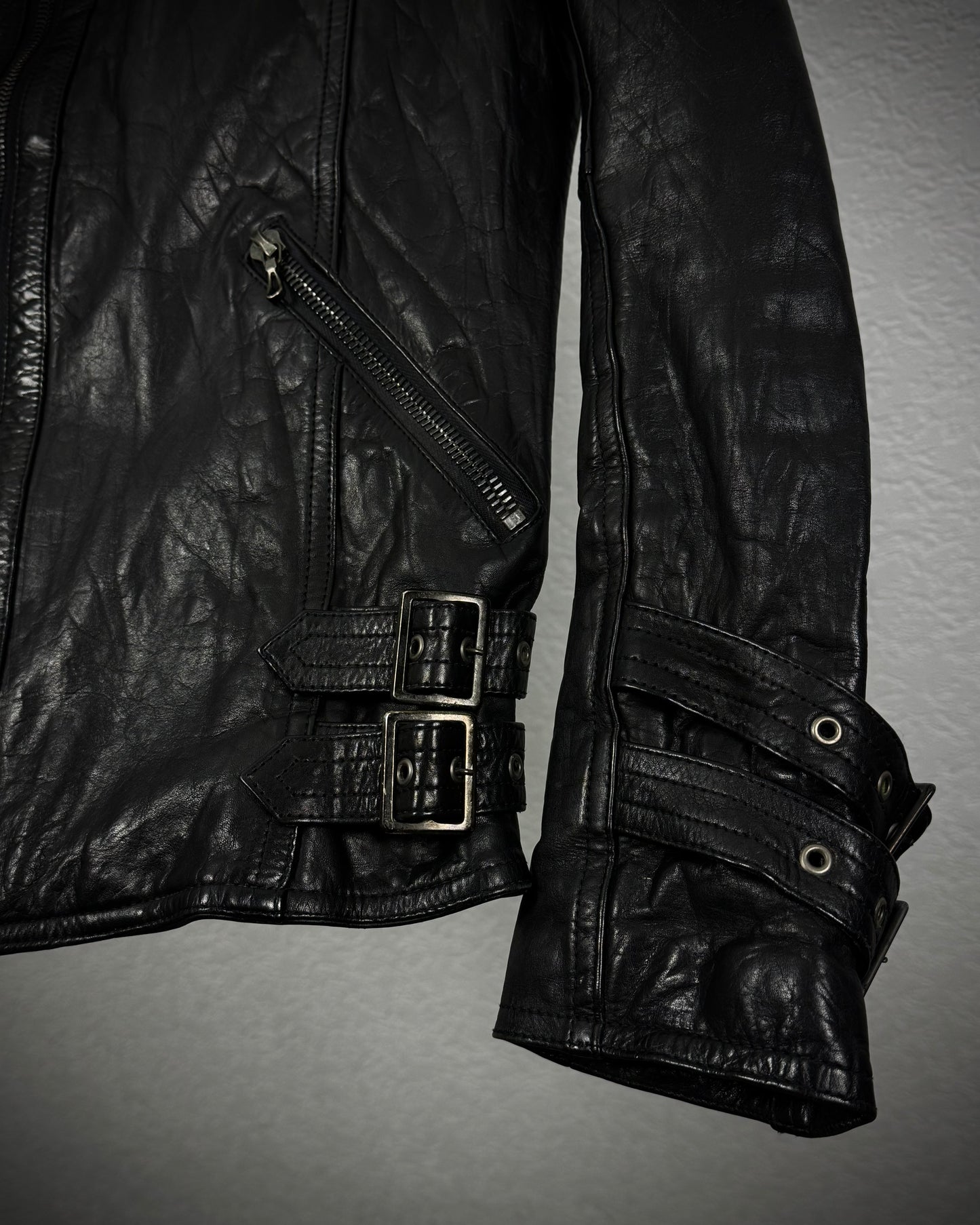 Shellac Fur Collar Cowhide Textured Leather Jacket