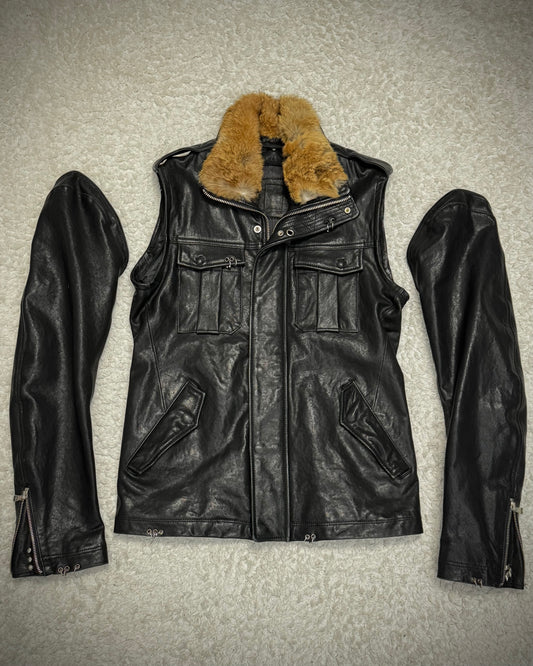 Pierced Transformable Fur Collar Leather Jacket