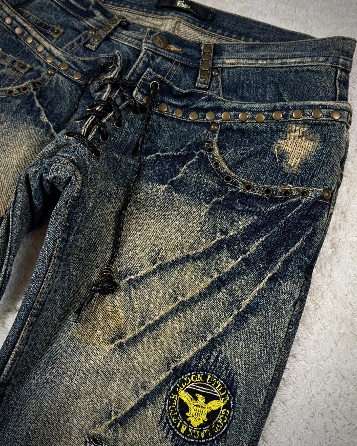 Midas Double Waisted Lace Up Mud Washed Patched Flared Jeans