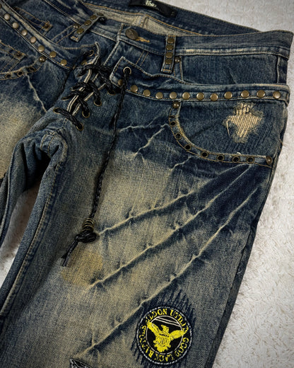 Midas Double Waisted Lace Up Mud Washed Patched Flared Jeans