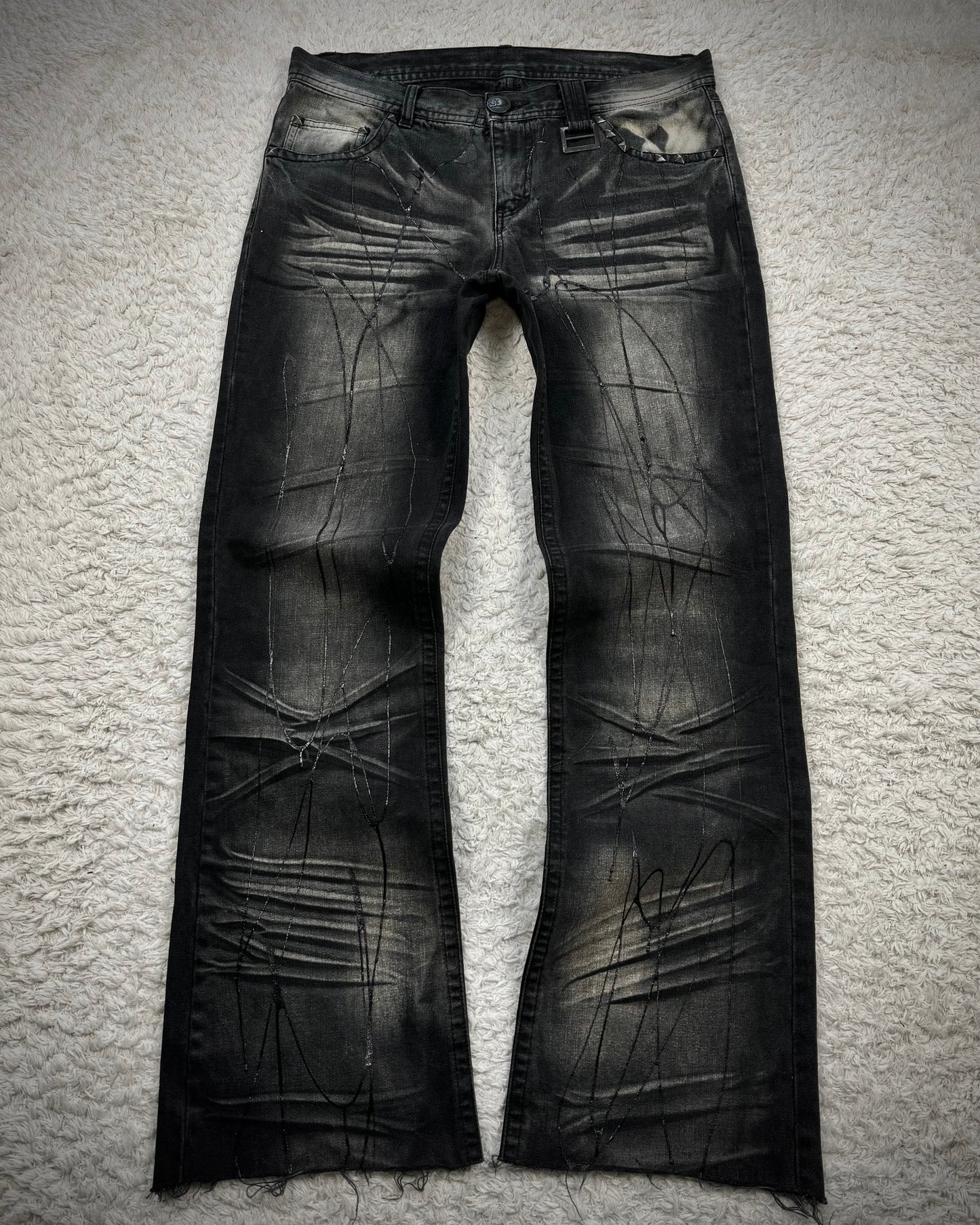 Xfrm Whiskered Paint Splatter Studded Flared Jeans