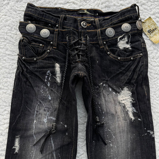 Midas Double Waisted Coin Silver Splatter Lace Up Flared Jeans