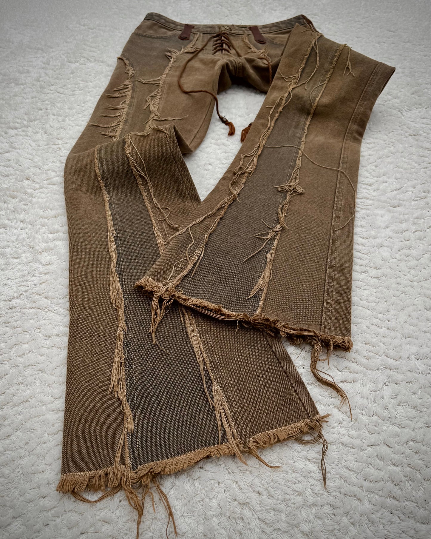 Obelisk Fringed Mud Washed Lace Up Flared Jeans