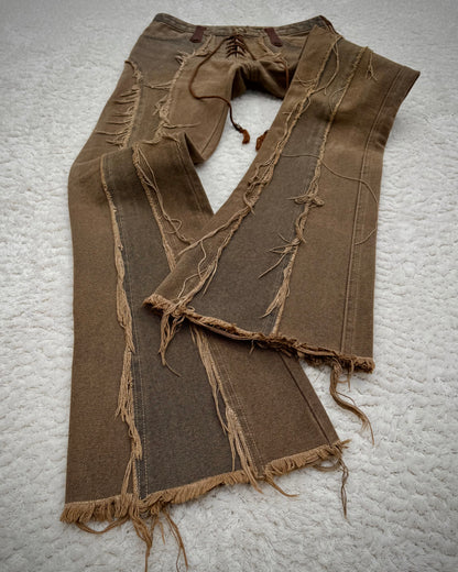Obelisk Fringed Mud Washed Lace Up Flared Jeans