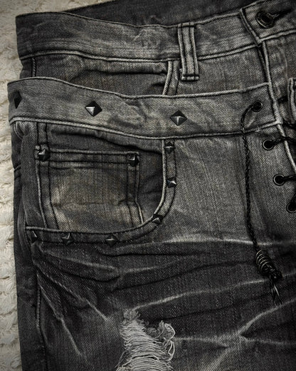 LAD Double Waisted Lace Up Studded Flared Jeans