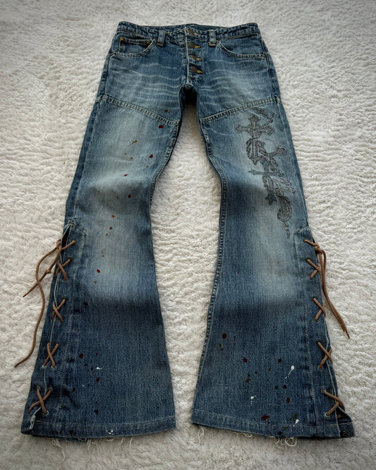 Tornado Mart Cross Embroideries Lace Up Flared Jeans