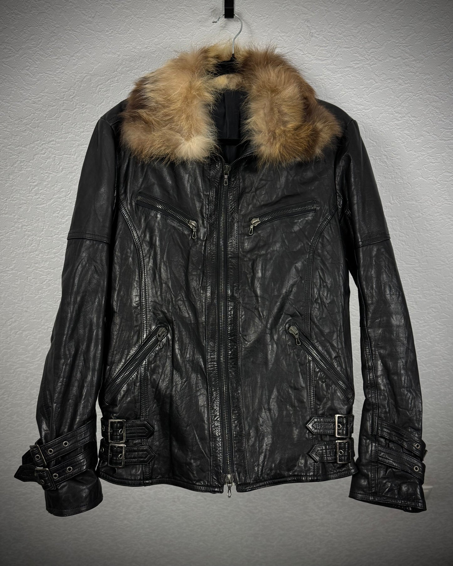 Shellac Fur Collar Cowhide Textured Leather Jacket
