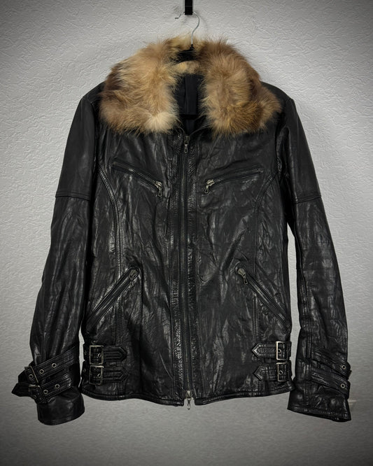 Shellac Fur Collar Cowhide Textured Leather Jacket