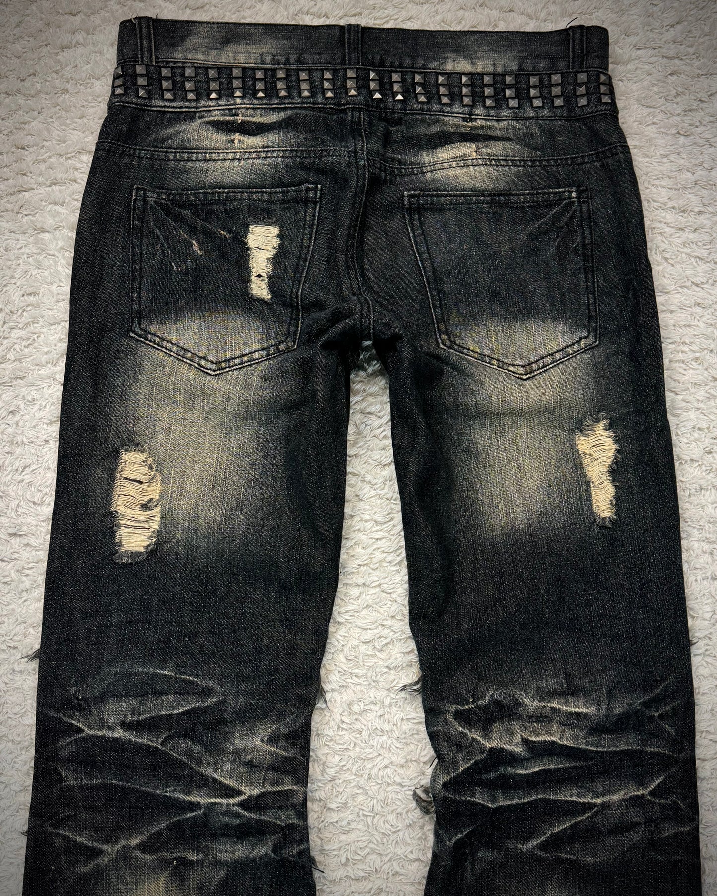 Lowbox Double Waisted Studded Repaired Flared Jeans