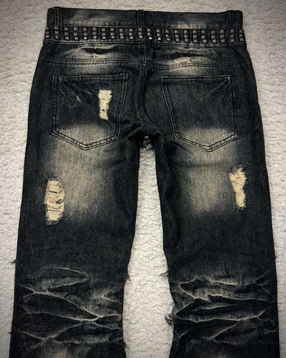 Lowbox Double Waisted Studded Repaired Flared Jeans