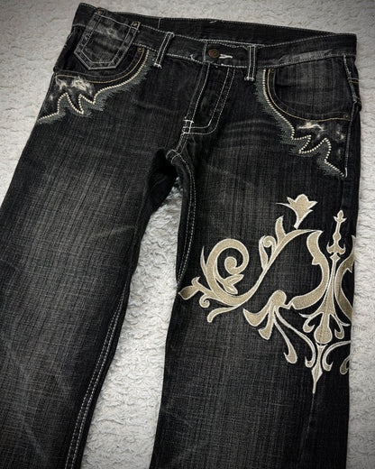 Tornado Mart Tribal Embroidery Spiral Flared Jeans