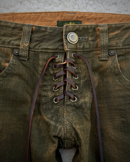 Obelisk Fringed Mud Washed Lace Up Flared Jeans